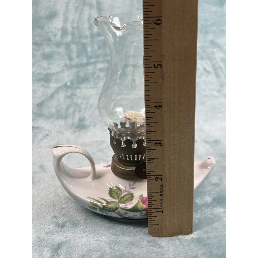 Vintage Mini Oil Lamp Porcelain Floral Finger Lamp Glass Chimney 6